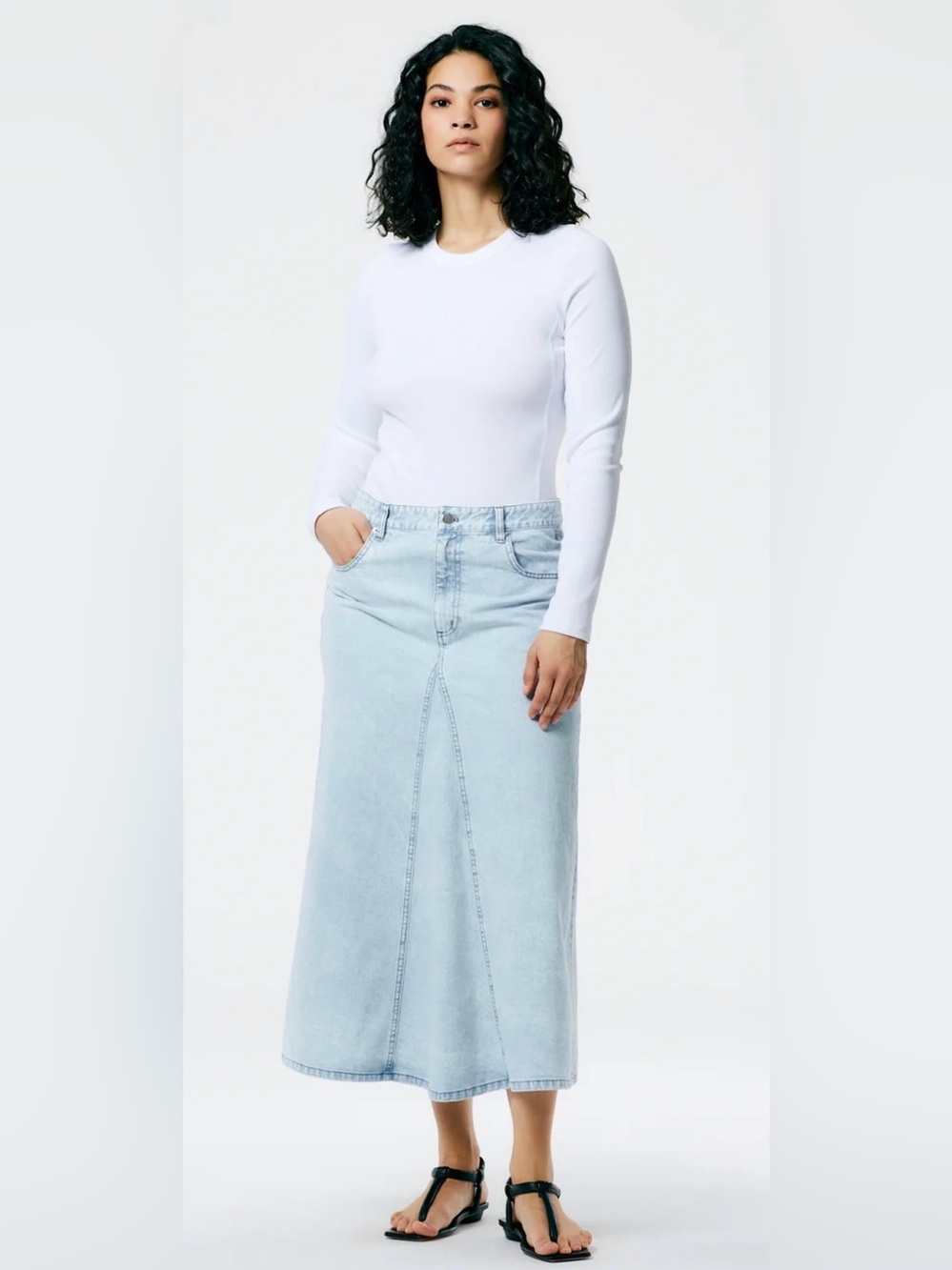 Tibi Light Blue Denim/ Denim Godet Midi Skirt